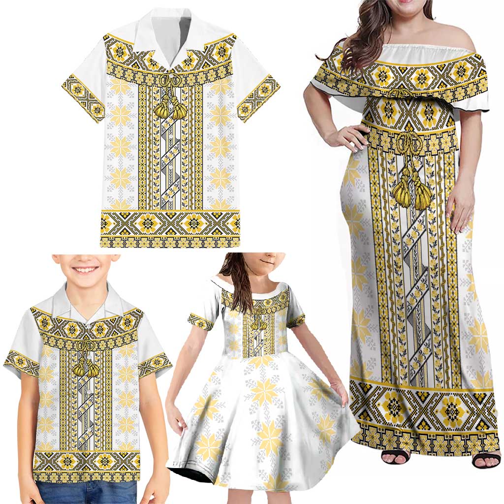 Ukraine Family Matching Off Shoulder Maxi Dress and Hawaiian Shirt Traditional Braided Rope Belt Yellow Folk Pattern