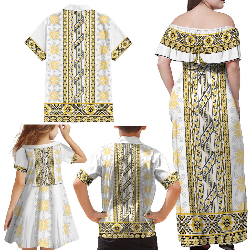 Ukraine Family Matching Off Shoulder Maxi Dress and Hawaiian Shirt Traditional Braided Rope Belt Yellow Folk Pattern