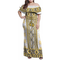 Ukraine Family Matching Off Shoulder Maxi Dress and Hawaiian Shirt Traditional Braided Rope Belt Yellow Folk Pattern