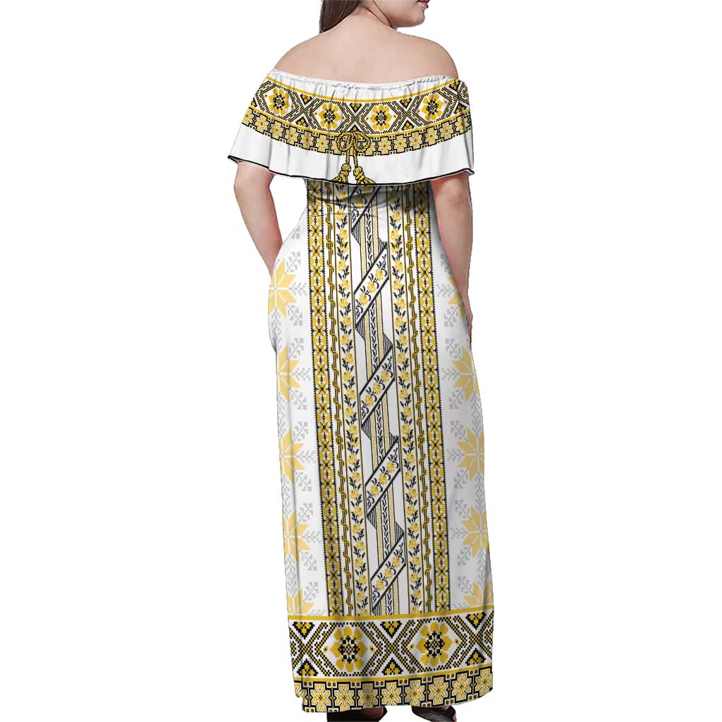 Ukraine Family Matching Off Shoulder Maxi Dress and Hawaiian Shirt Traditional Braided Rope Belt Yellow Folk Pattern