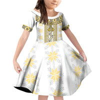 Ukraine Family Matching Off Shoulder Short Dress and Hawaiian Shirt Traditional Braided Rope Belt Yellow Folk Pattern