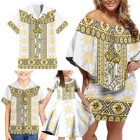 Ukraine Family Matching Off Shoulder Short Dress and Hawaiian Shirt Traditional Braided Rope Belt Yellow Folk Pattern