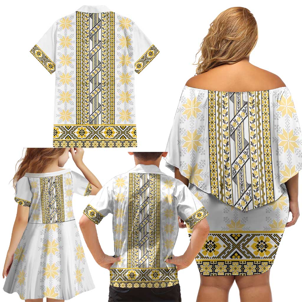 Ukraine Family Matching Off Shoulder Short Dress and Hawaiian Shirt Traditional Braided Rope Belt Yellow Folk Pattern