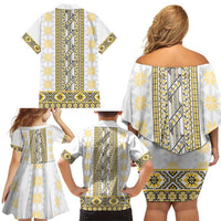 Ukraine Family Matching Off Shoulder Short Dress and Hawaiian Shirt Traditional Braided Rope Belt Yellow Folk Pattern