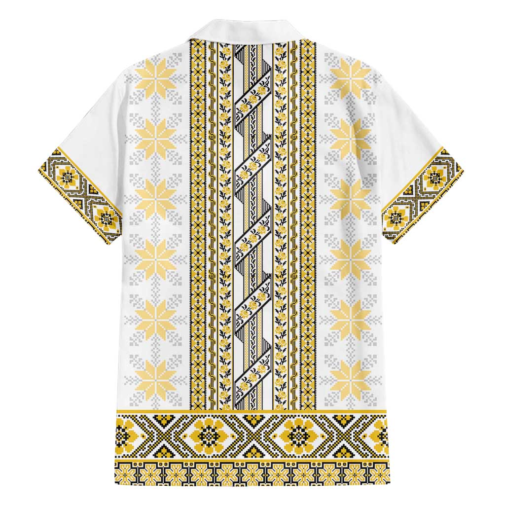 Ukraine Family Matching Off Shoulder Short Dress and Hawaiian Shirt Traditional Braided Rope Belt Yellow Folk Pattern