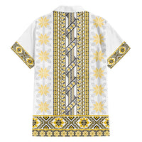 Ukraine Family Matching Off Shoulder Short Dress and Hawaiian Shirt Traditional Braided Rope Belt Yellow Folk Pattern