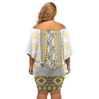 Ukraine Family Matching Off Shoulder Short Dress and Hawaiian Shirt Traditional Braided Rope Belt Yellow Folk Pattern