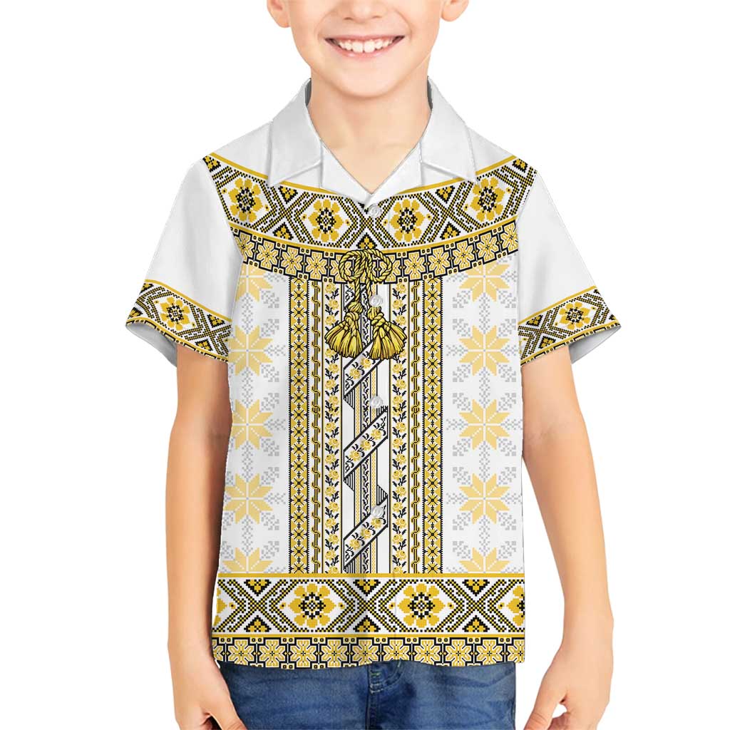 Ukraine Family Matching Off Shoulder Short Dress and Hawaiian Shirt Traditional Braided Rope Belt Yellow Folk Pattern