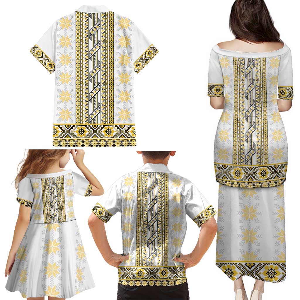 Ukraine Family Matching Puletasi and Hawaiian Shirt Traditional Braided Rope Belt Yellow Folk Pattern