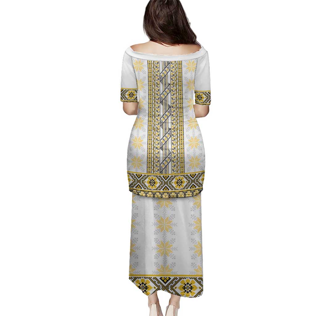 Ukraine Family Matching Puletasi and Hawaiian Shirt Traditional Braided Rope Belt Yellow Folk Pattern