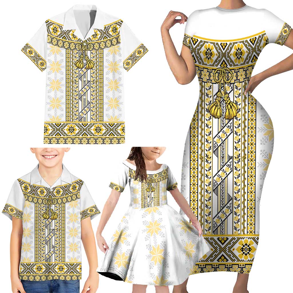 Ukraine Family Matching Short Sleeve Bodycon Dress and Hawaiian Shirt Traditional Braided Rope Belt Yellow Folk Pattern
