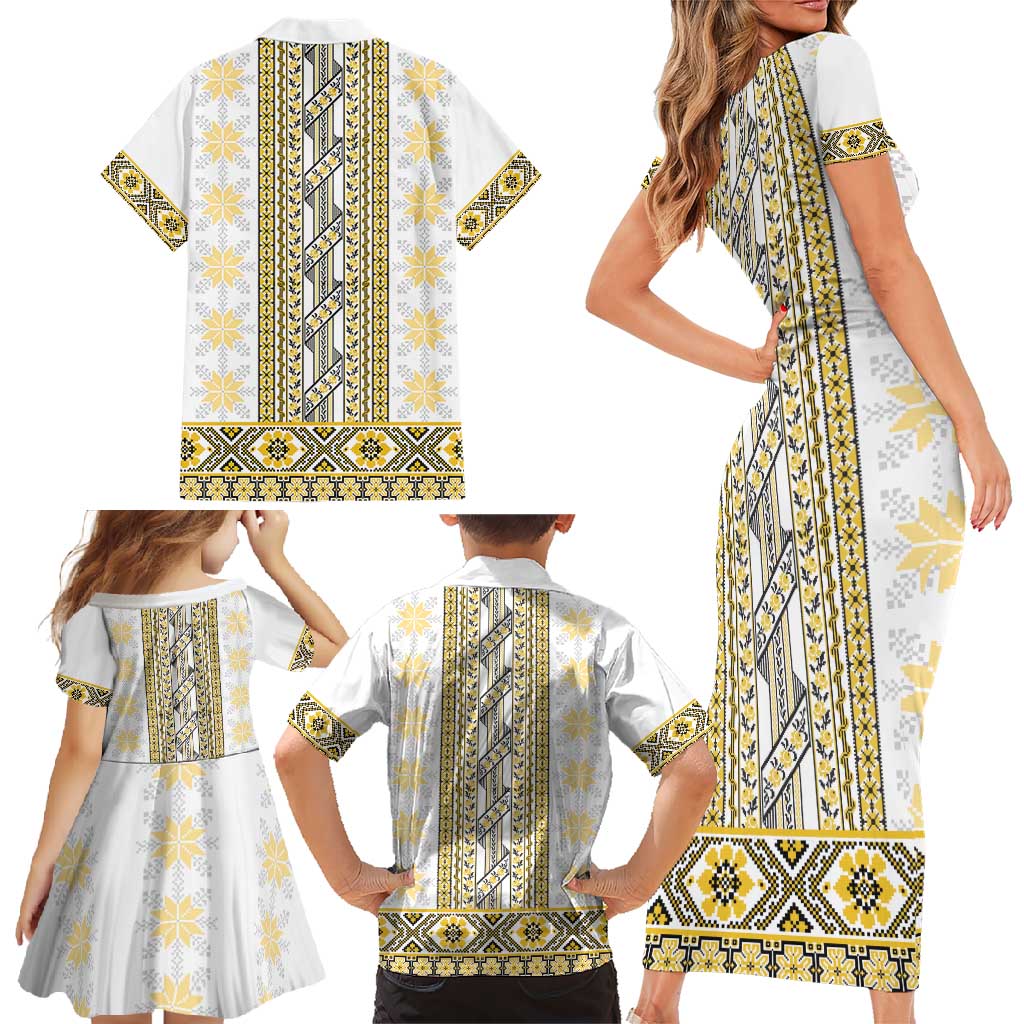 Ukraine Family Matching Short Sleeve Bodycon Dress and Hawaiian Shirt Traditional Braided Rope Belt Yellow Folk Pattern