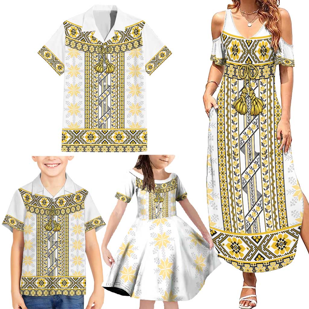 Ukraine Family Matching Summer Maxi Dress and Hawaiian Shirt Traditional Braided Rope Belt Yellow Folk Pattern
