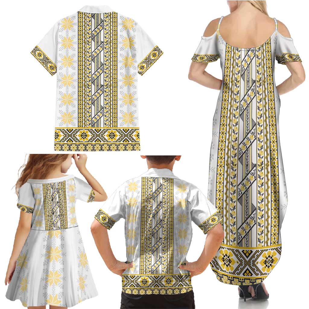 Ukraine Family Matching Summer Maxi Dress and Hawaiian Shirt Traditional Braided Rope Belt Yellow Folk Pattern