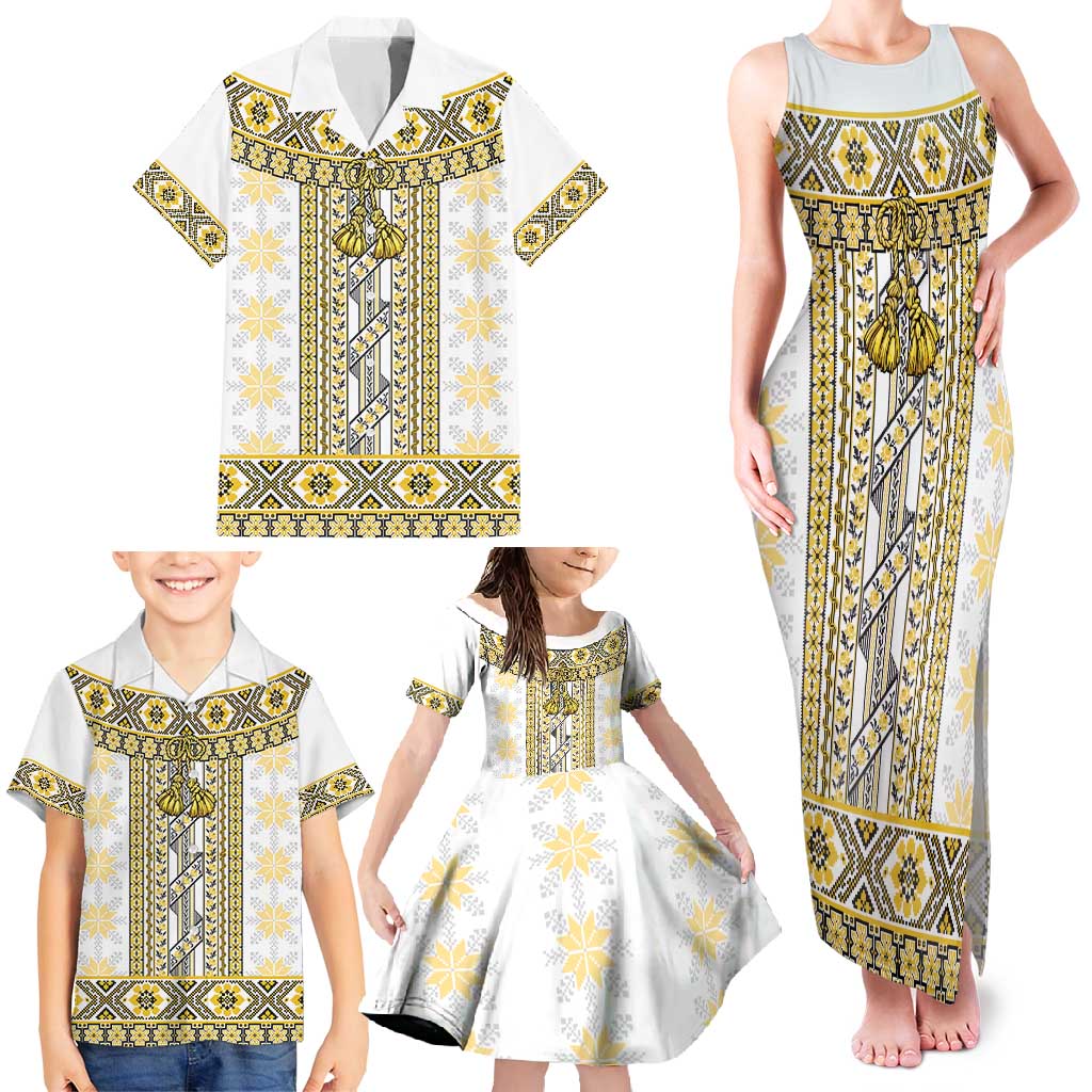 Ukraine Family Matching Tank Maxi Dress and Hawaiian Shirt Traditional Braided Rope Belt Yellow Folk Pattern