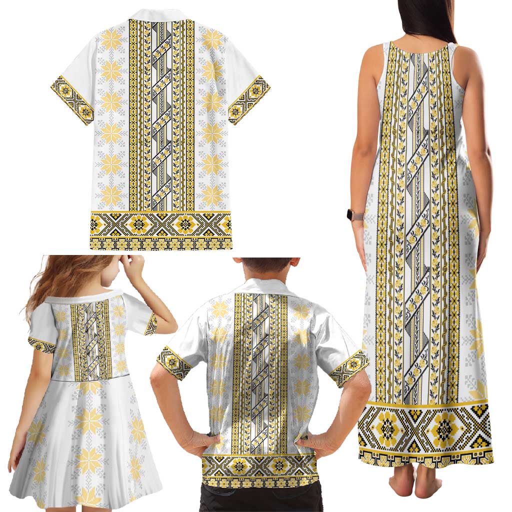 Ukraine Family Matching Tank Maxi Dress and Hawaiian Shirt Traditional Braided Rope Belt Yellow Folk Pattern