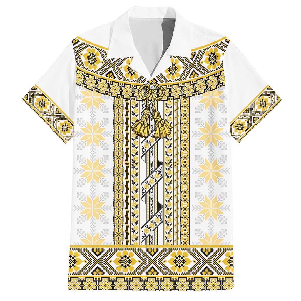 Ukraine Hawaiian Shirt Traditional Braided Rope Belt Yellow Folk Pattern