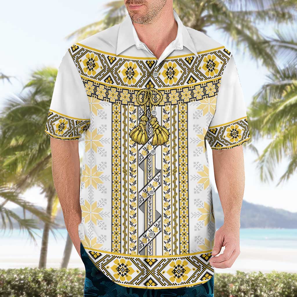 Ukraine Hawaiian Shirt Traditional Braided Rope Belt Yellow Folk Pattern