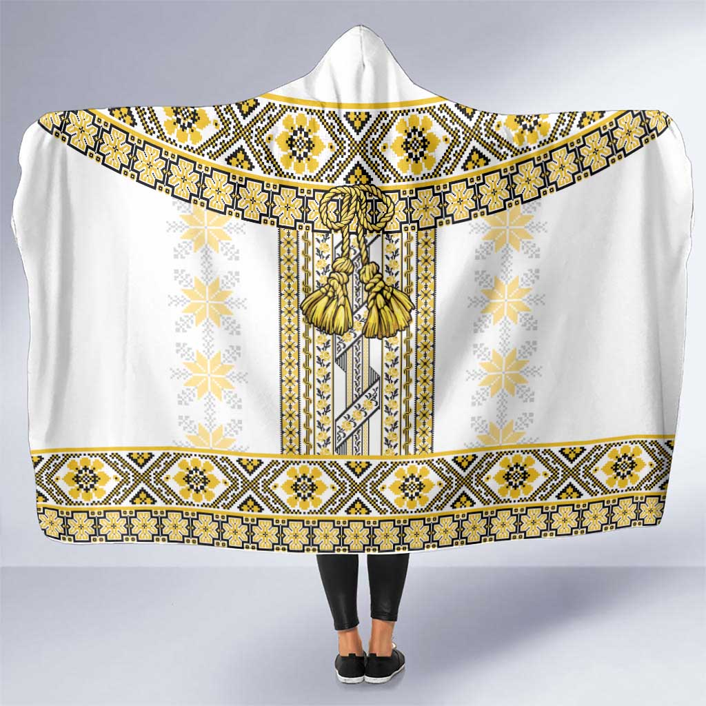 Ukraine Hooded Blanket Traditional Braided Rope Belt Yellow Folk Pattern