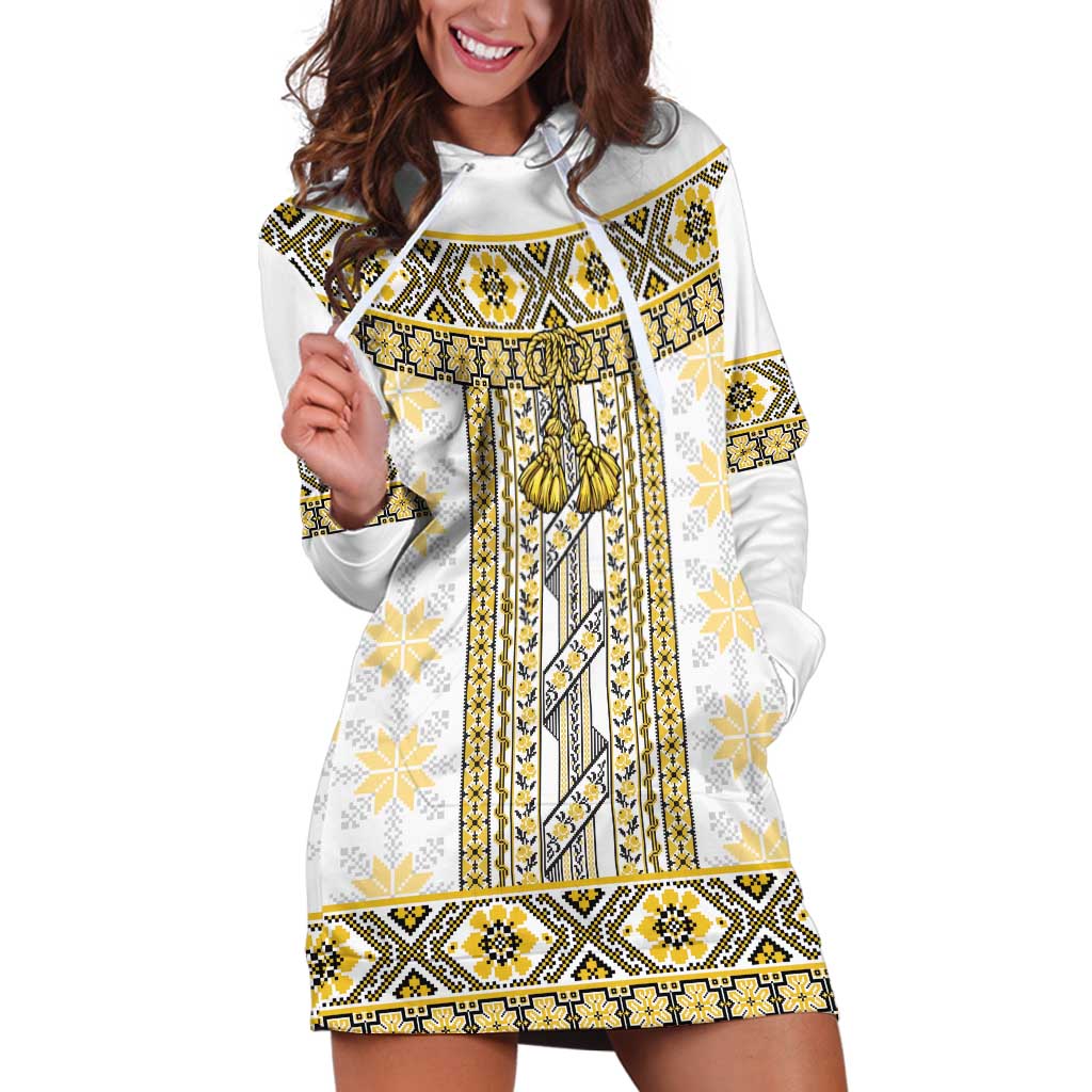 Ukraine Hoodie Dress Traditional Braided Rope Belt Yellow Folk Pattern