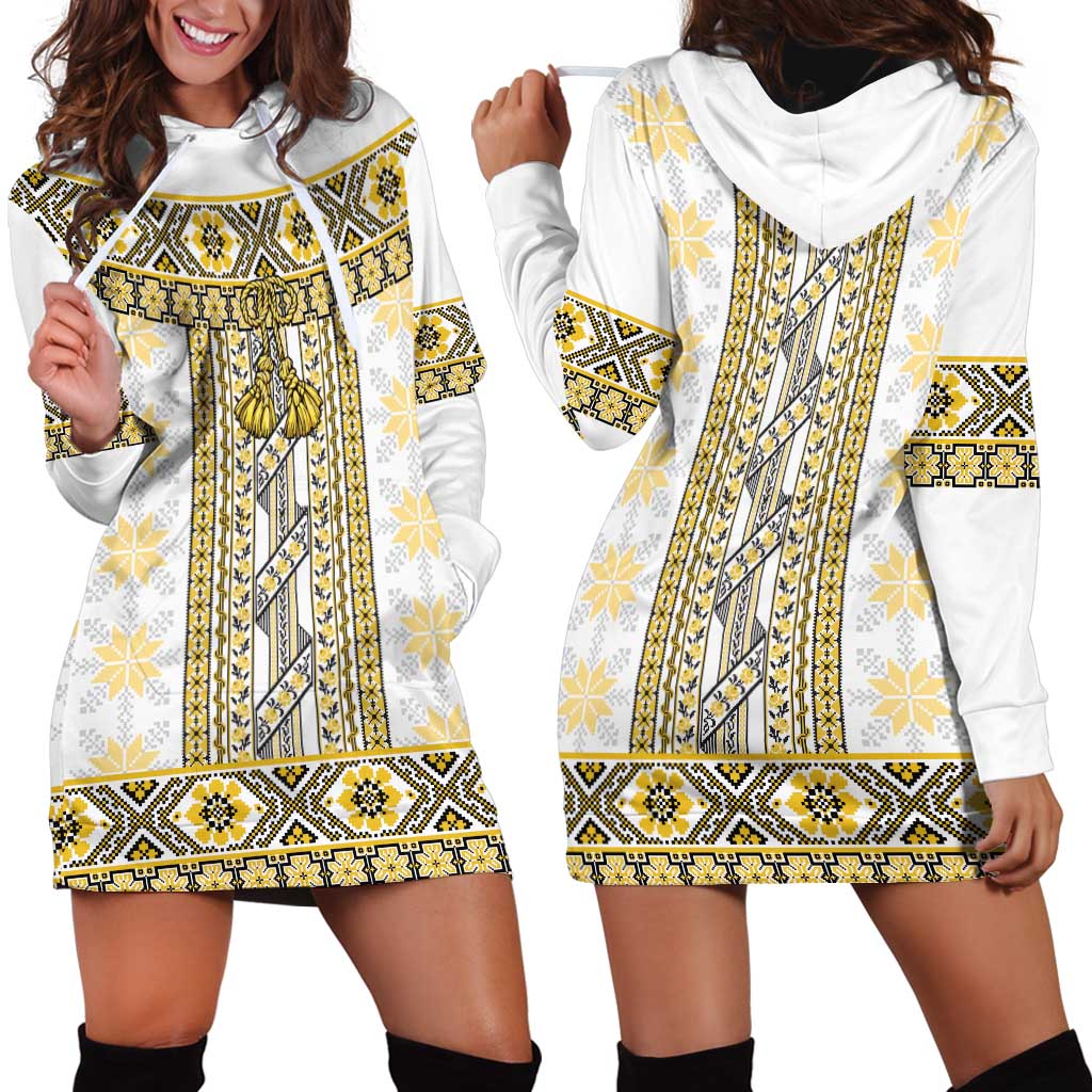 Ukraine Hoodie Dress Traditional Braided Rope Belt Yellow Folk Pattern