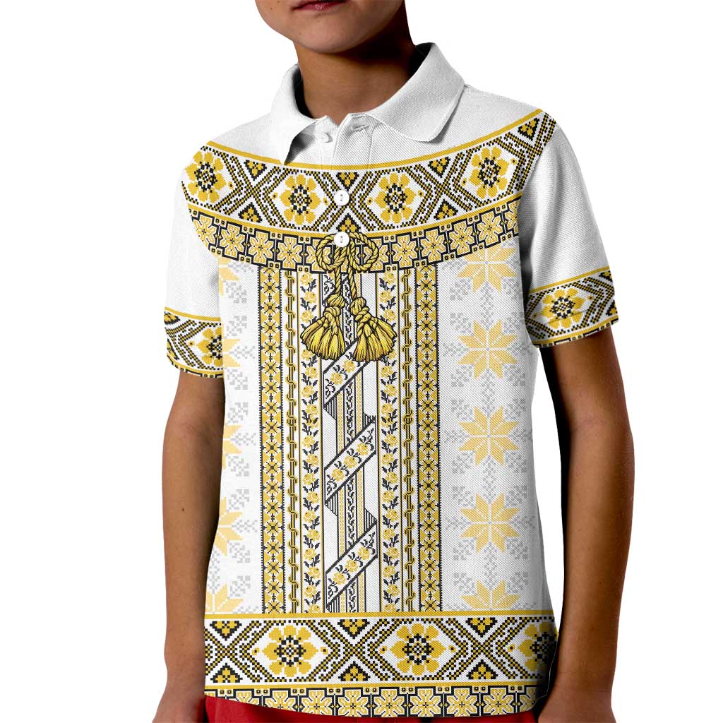 Ukraine Kid Polo Shirt Traditional Braided Rope Belt Yellow Folk Pattern