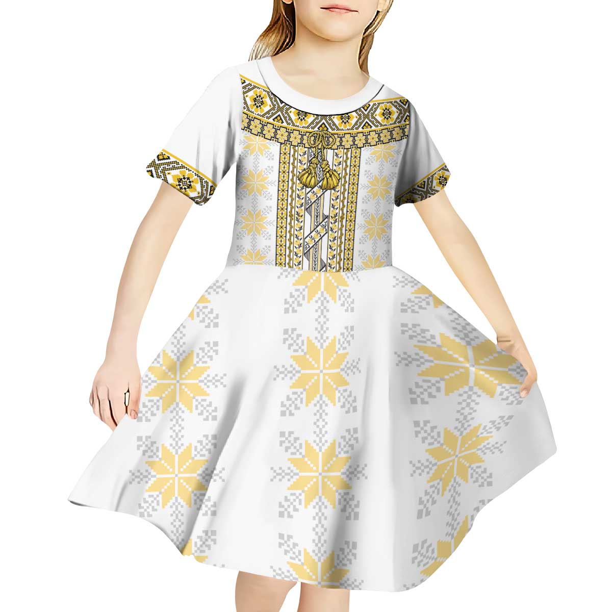 Ukraine Kid Short Sleeve Dress Traditional Braided Rope Belt Yellow Folk Pattern
