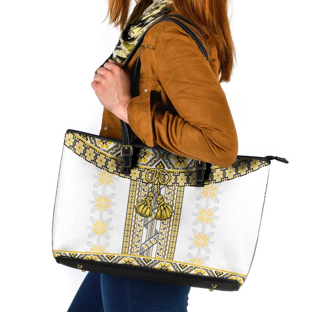 Ukraine Leather Tote Bag Traditional Braided Rope Belt Yellow Folk Pattern