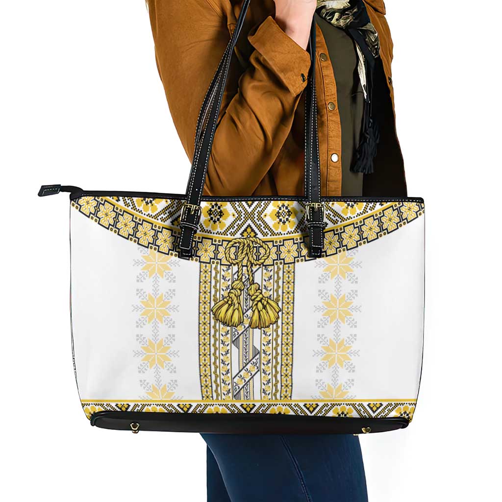 Ukraine Leather Tote Bag Traditional Braided Rope Belt Yellow Folk Pattern
