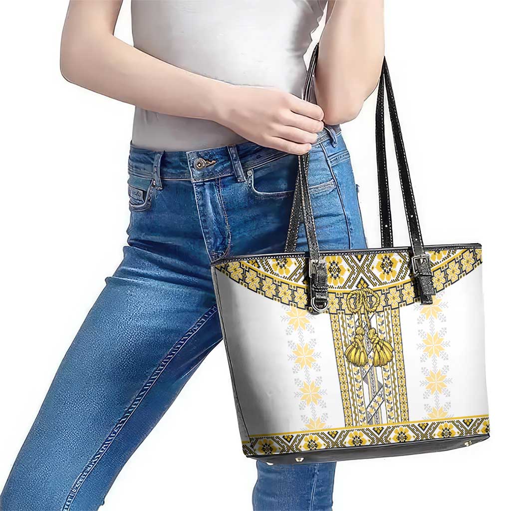 Ukraine Leather Tote Bag Traditional Braided Rope Belt Yellow Folk Pattern