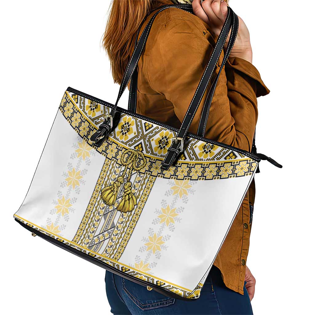 Ukraine Leather Tote Bag Traditional Braided Rope Belt Yellow Folk Pattern