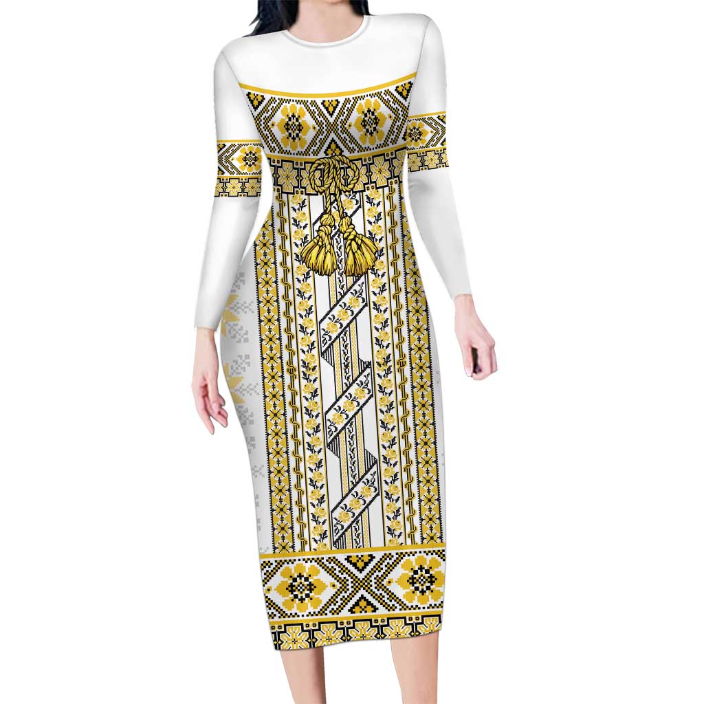 Ukraine Long Sleeve Bodycon Dress Traditional Braided Rope Belt Yellow Folk Pattern