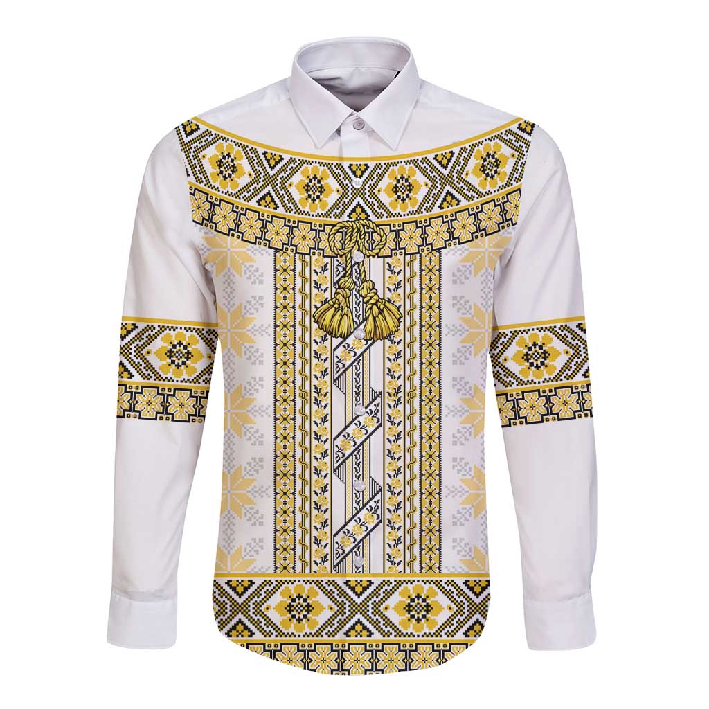 Ukraine Long Sleeve Button Shirt Traditional Braided Rope Belt Yellow Folk Pattern