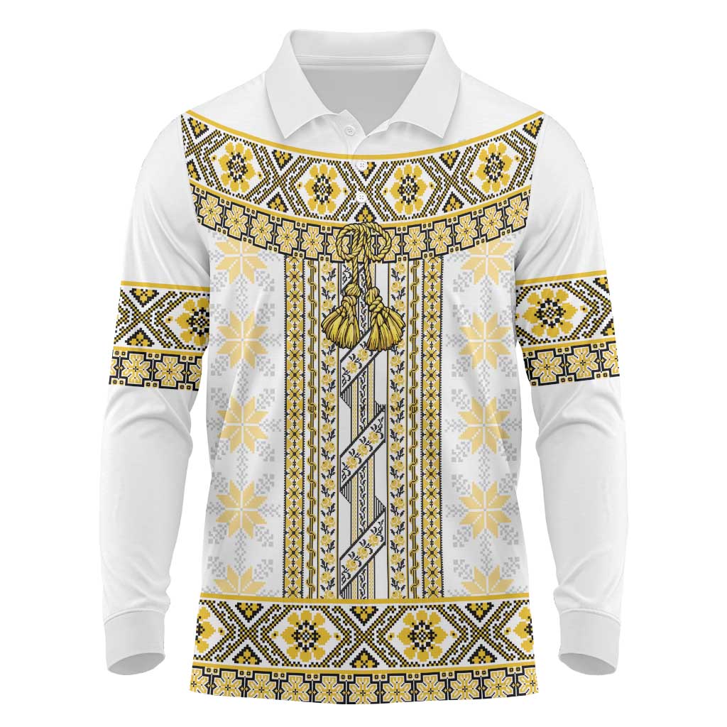 Ukraine Long Sleeve Polo Shirt Traditional Braided Rope Belt Yellow Folk Pattern