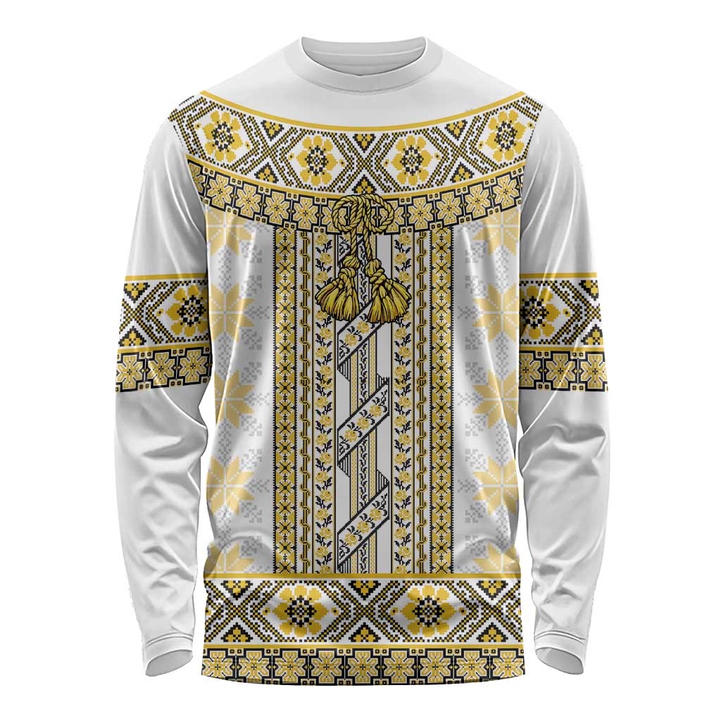 Ukraine Long Sleeve Shirt Traditional Braided Rope Belt Yellow Folk Pattern