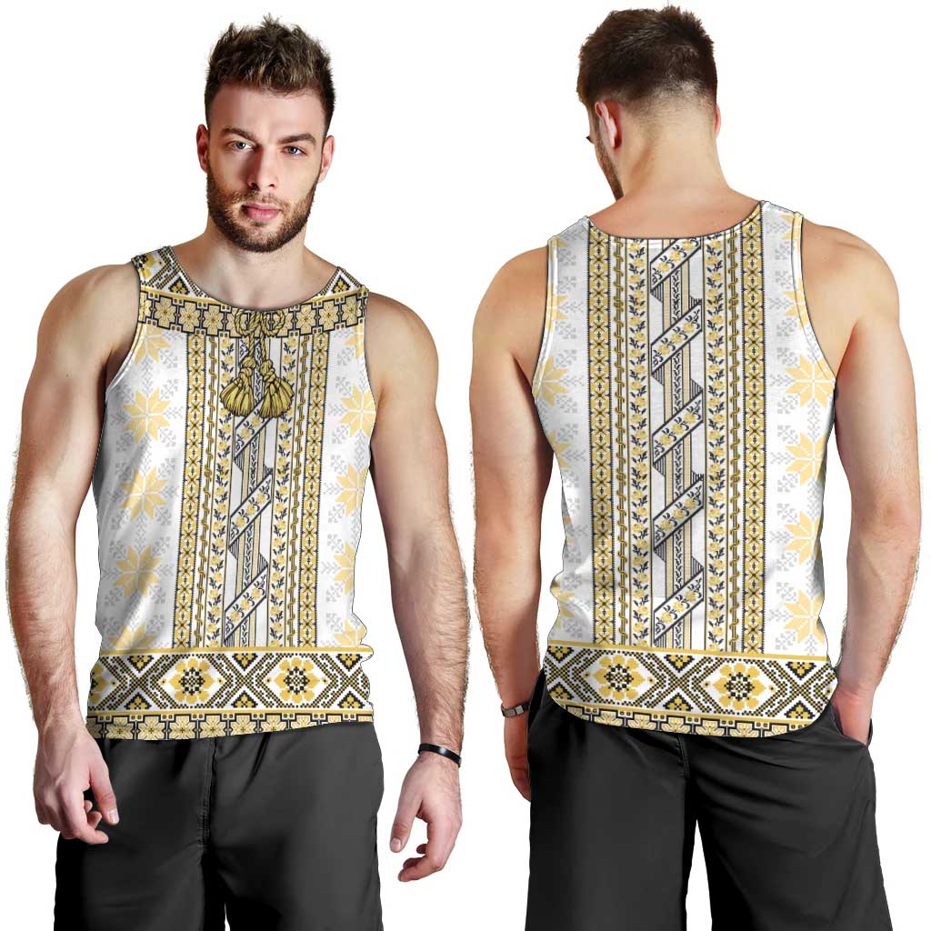 Ukraine Men Tank Top Traditional Braided Rope Belt Yellow Folk Pattern