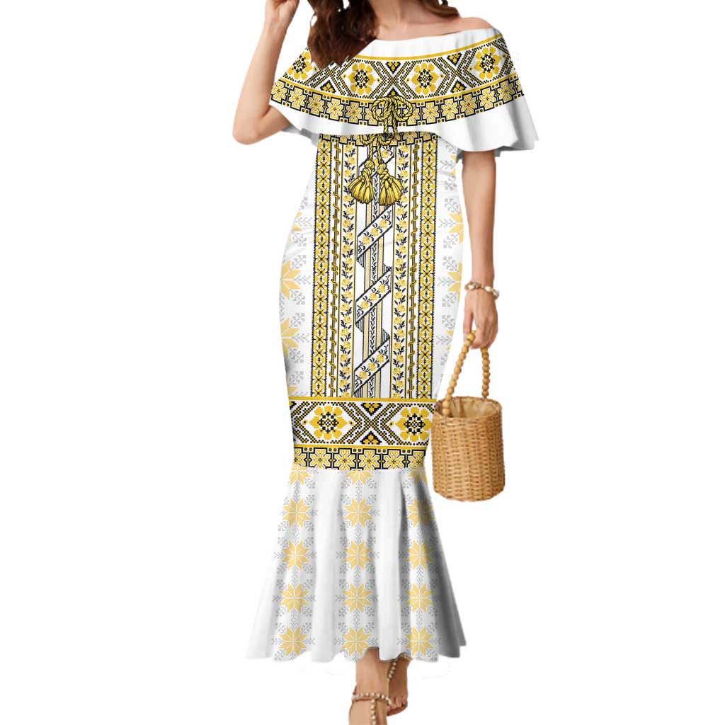 Ukraine Mermaid Dress Traditional Braided Rope Belt Yellow Folk Pattern