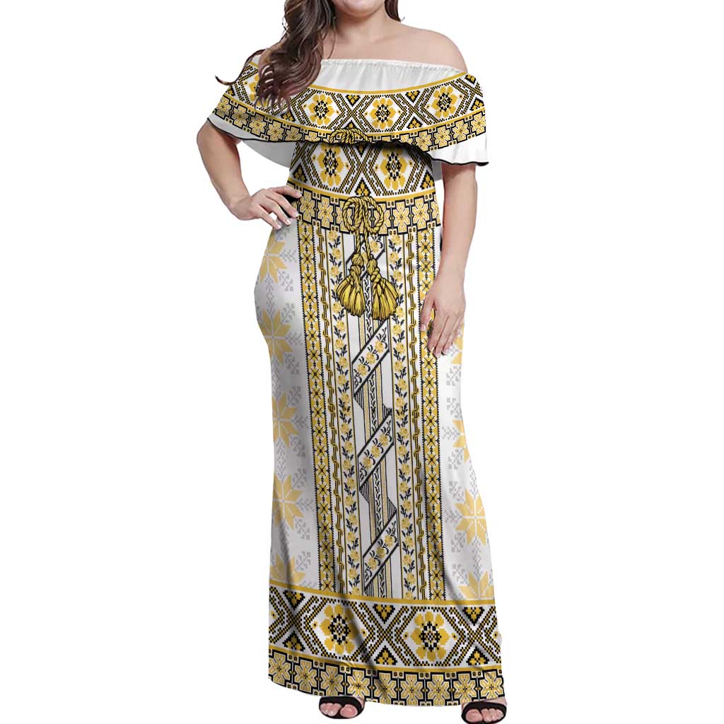 Ukraine Off Shoulder Maxi Dress Traditional Braided Rope Belt Yellow Folk Pattern