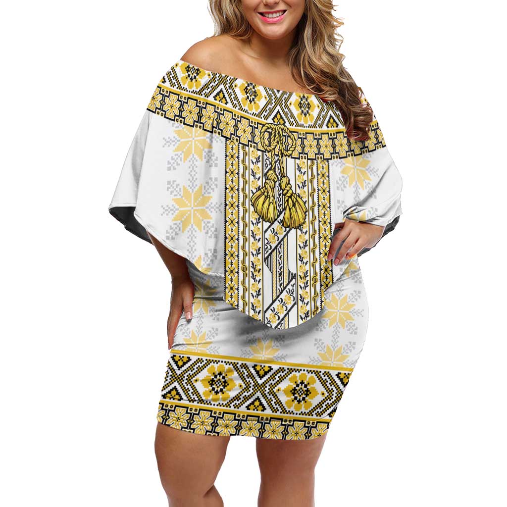 Ukraine Off Shoulder Short Dress Traditional Braided Rope Belt Yellow Folk Pattern