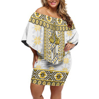 Ukraine Off Shoulder Short Dress Traditional Braided Rope Belt Yellow Folk Pattern