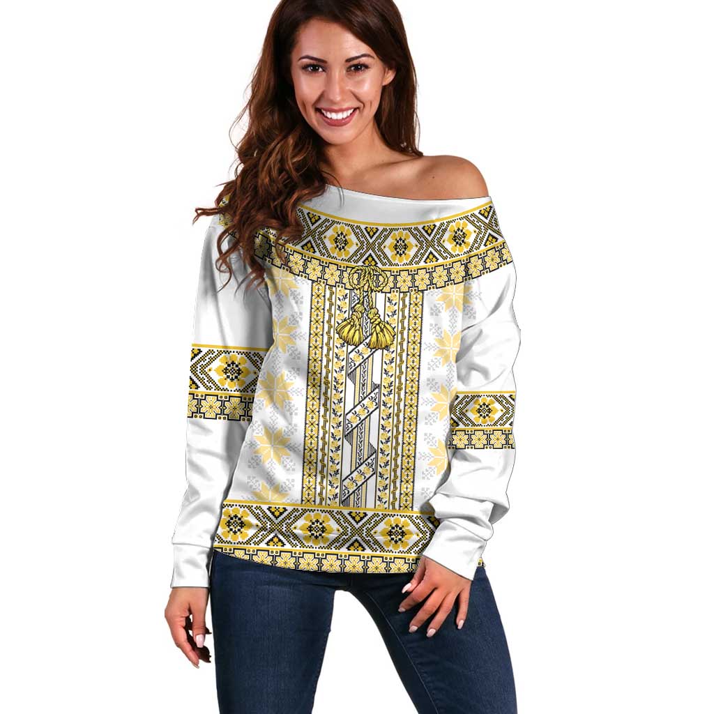 Ukraine Off Shoulder Sweater Traditional Braided Rope Belt Yellow Folk Pattern