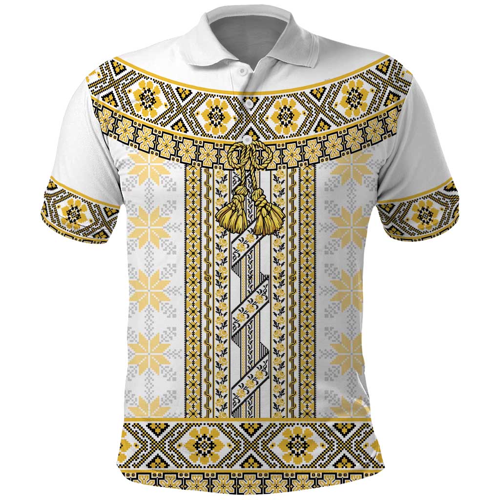 Ukraine Polo Shirt Traditional Braided Rope Belt Yellow Folk Pattern