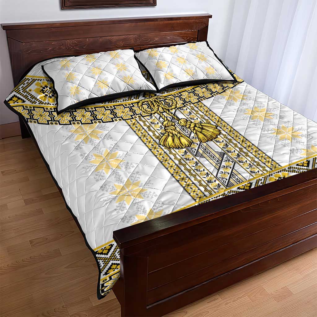 Ukraine Quilt Bed Set Traditional Braided Rope Belt Yellow Folk Pattern