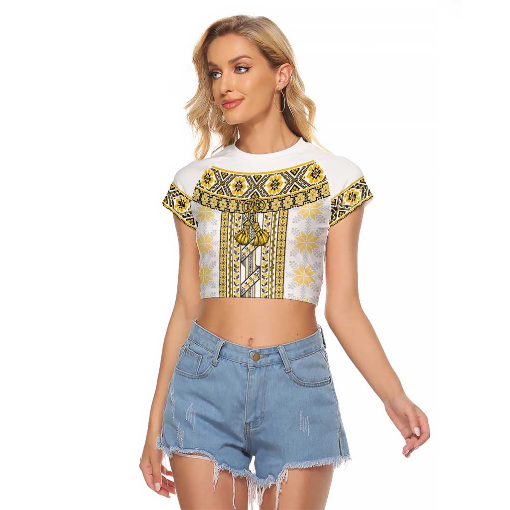 Ukraine Raglan Cropped T Shirt Traditional Braided Rope Belt Yellow Folk Pattern
