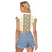 Ukraine Raglan Cropped T Shirt Traditional Braided Rope Belt Yellow Folk Pattern