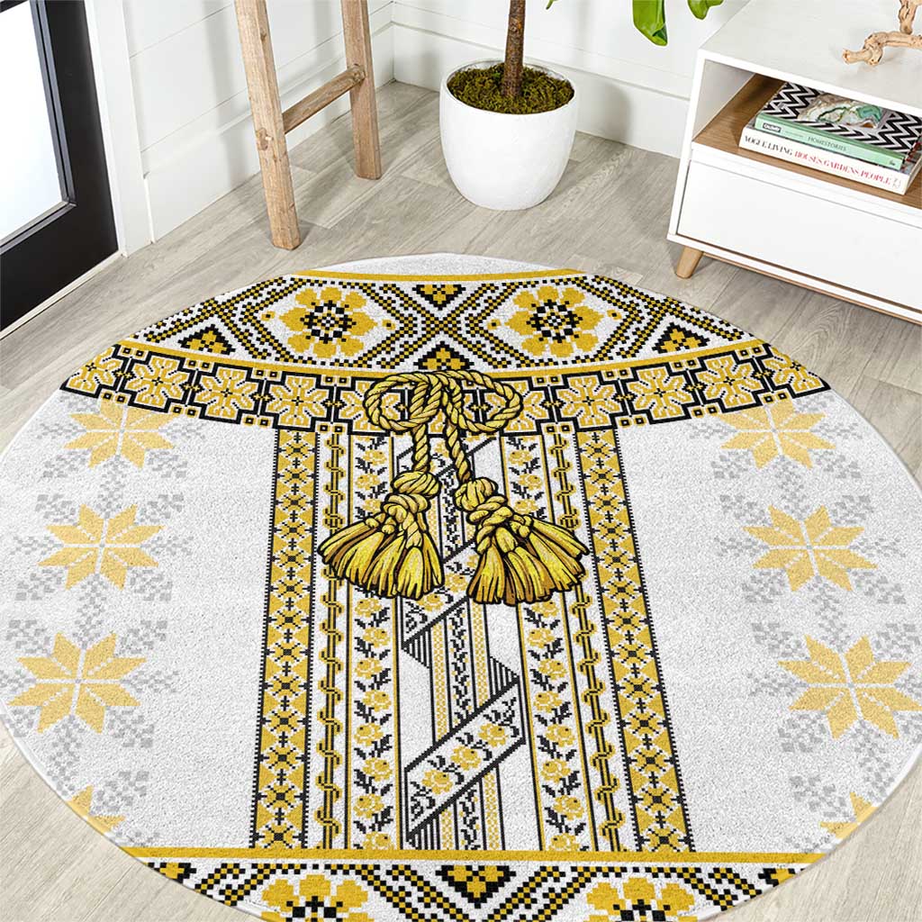 Ukraine Round Carpet Traditional Braided Rope Belt Yellow Folk Pattern