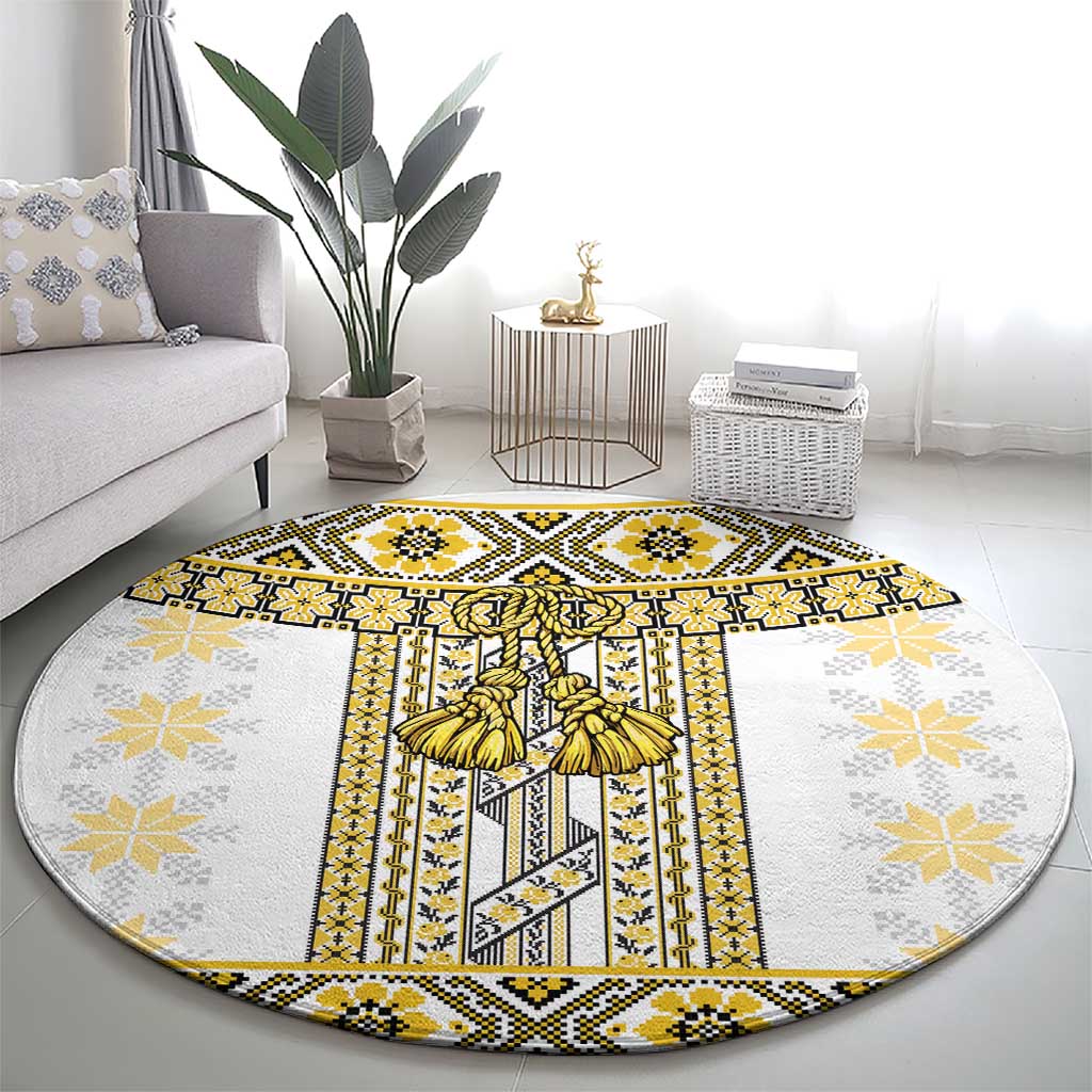 Ukraine Round Carpet Traditional Braided Rope Belt Yellow Folk Pattern