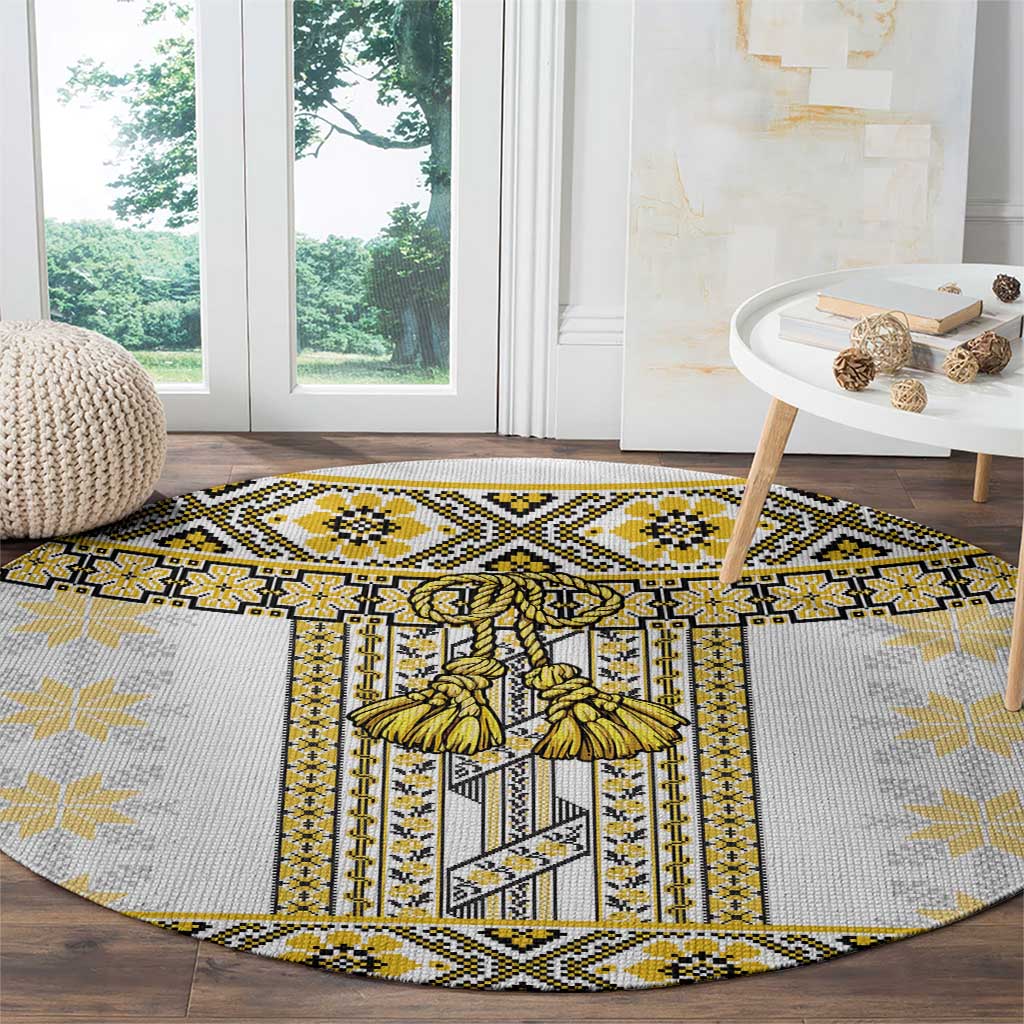Ukraine Round Carpet Traditional Braided Rope Belt Yellow Folk Pattern