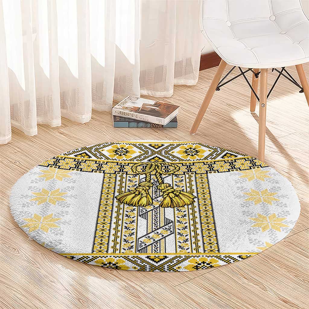 Ukraine Round Carpet Traditional Braided Rope Belt Yellow Folk Pattern