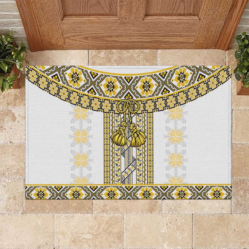 Ukraine Rubber Doormat Traditional Braided Rope Belt Yellow Folk Pattern